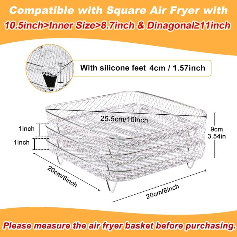 BYKITCHEN 8 inch Square Air Fryer Rack, 3pcs Stackable Stainless Steel Dehydrator Rack with Silicon Feet, Square Air Fryer Accessories for Cosori, Instant Vortex, Ninja Pro XL 6.5 QT AF181 & More - Image 2